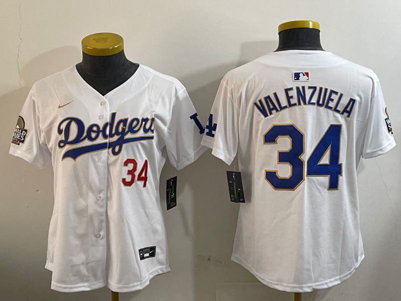 Women Los Angeles Dodgers 34 Valenzuela White Gold Game 2024 Nike MLB Jersey style 1202